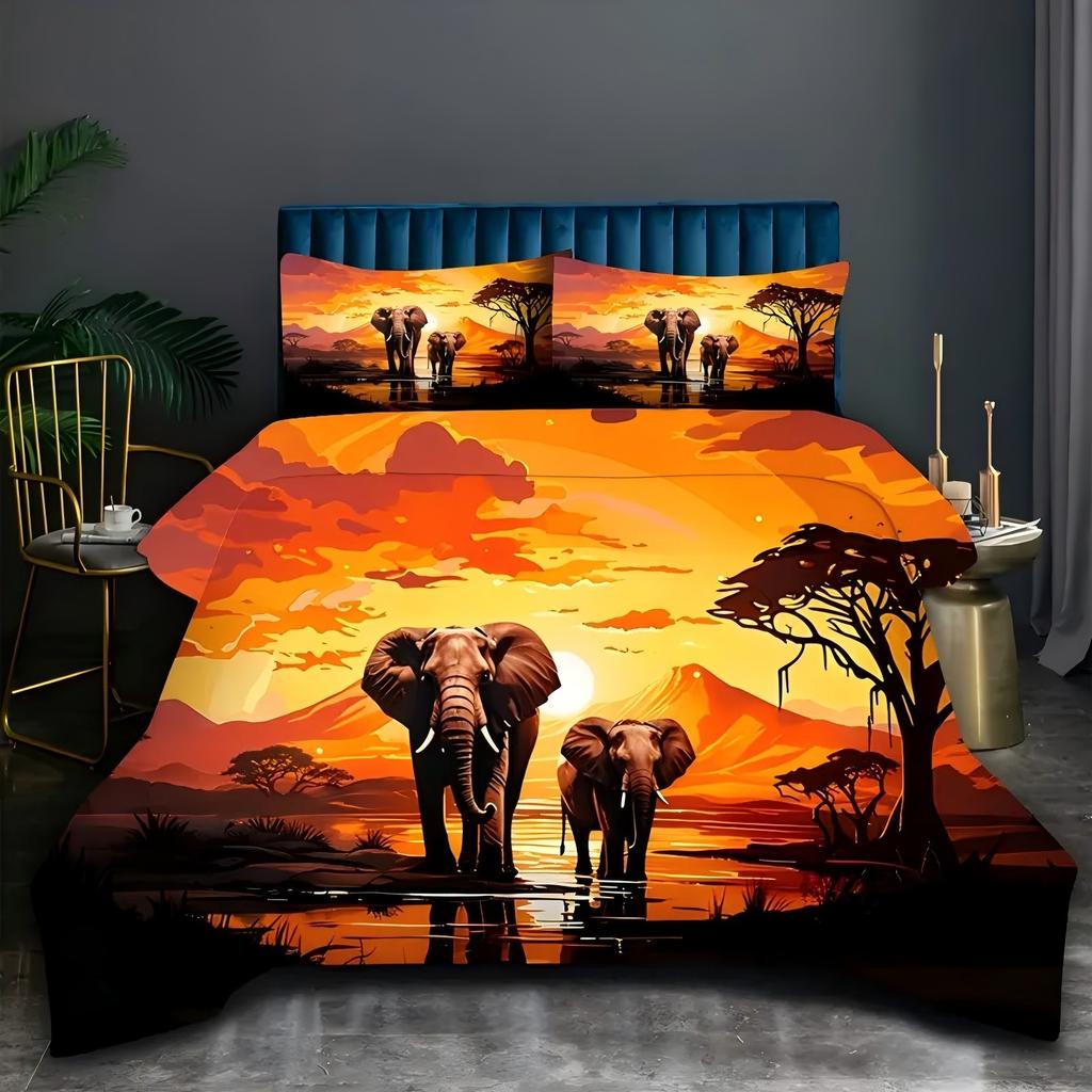 Sunset Mountain Range African Grassland Elephant Duvet Cover Soft Comfortable Bedding Set Wildlife Theme Quilt Cover Pillowcase