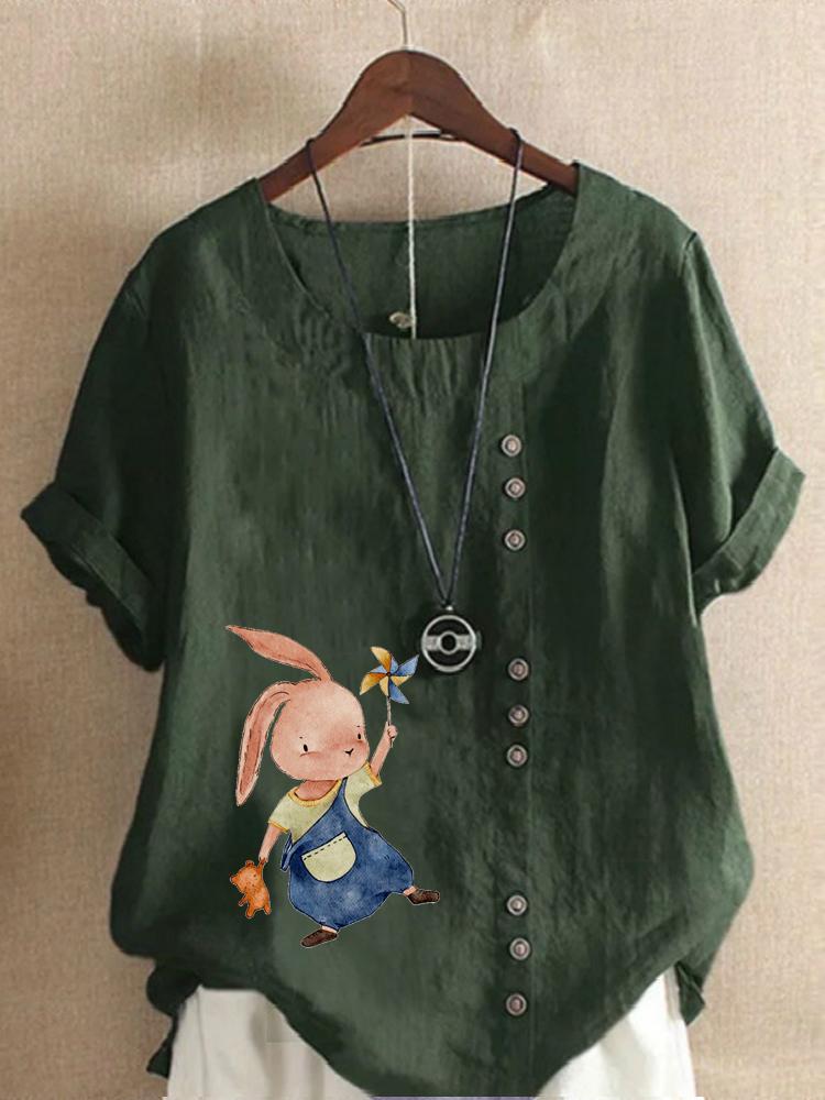 Women's Fashion Fashionable Rabbit Print Shot Sleeve T-shirt Loose Cotton Shirt Casual Loose Summer Blouse Tops Plus Size