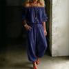 Womens Off Shoulder Long Sleeve Top Drawstring Waist Tapered Pants Two Piece Casual Outfit