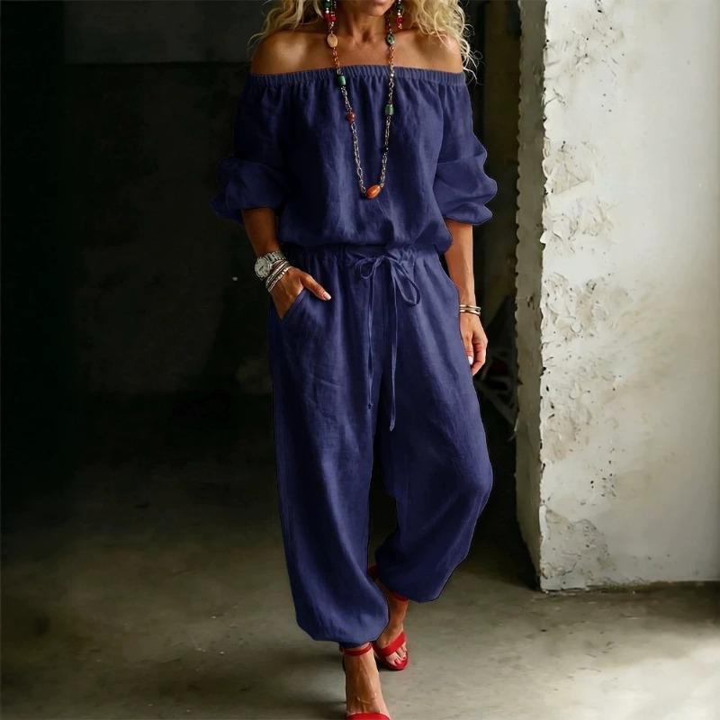 Womens Off Shoulder Long Sleeve Top Drawstring Waist Tapered Pants Two Piece Casual Outfit