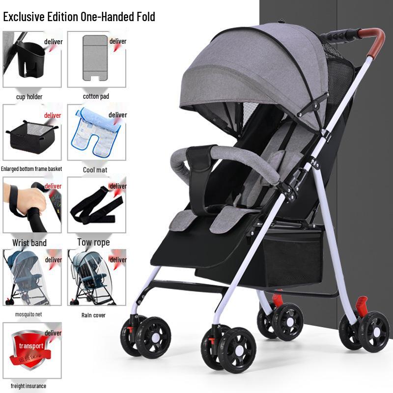 Lightweight Foldable Baby Stroller, Four-Wheeled, Convertible for Sitting or Lying, One-Button Fold Portable Design