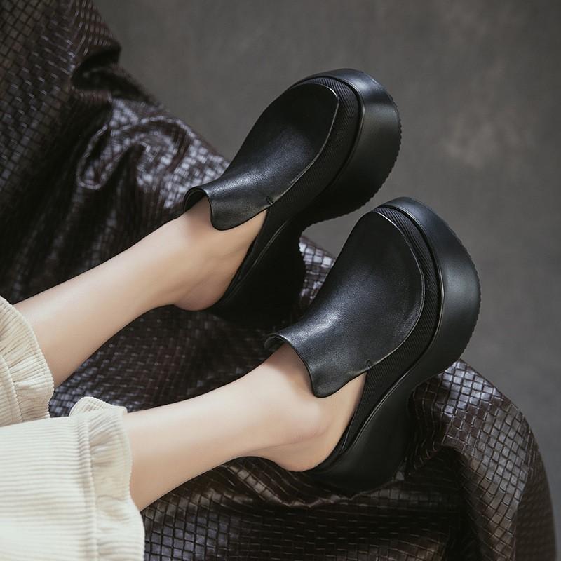 Johnature Height Increasing Outdoor Platform Slippers Genuine Leather Round Toe Thick Soled Women's Shoes