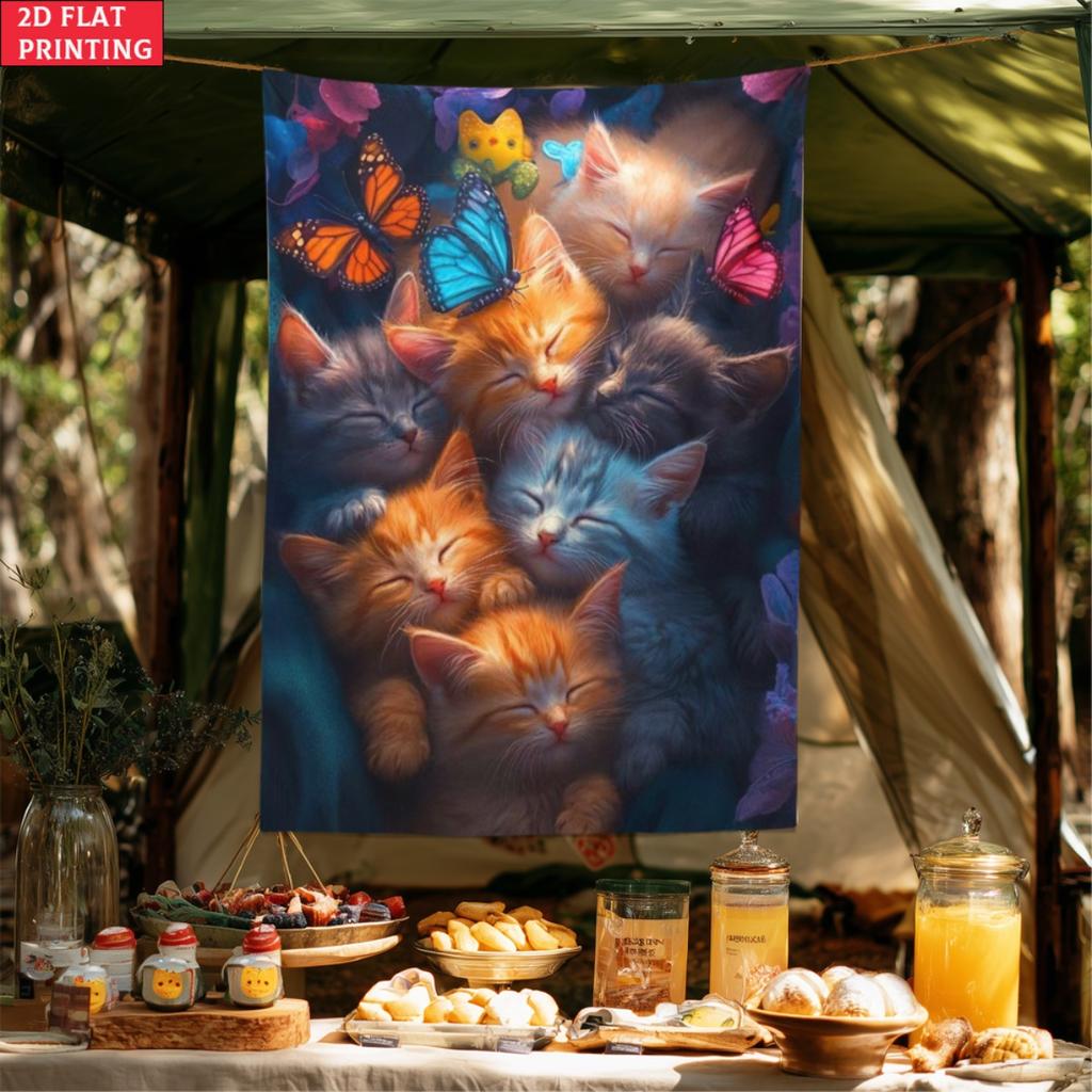 Cute Sleeping Kittens Tapestry Colorful Butterflies Cat Wall Hanging Aesthetic Nursery Room Decor Extra large size