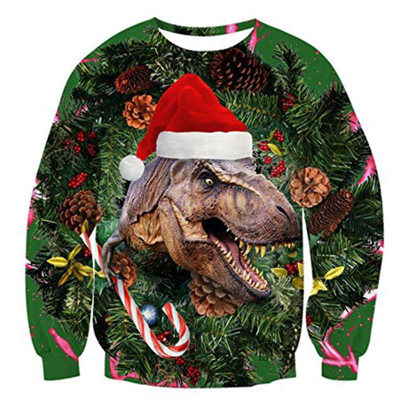 Suéter de Natal Feio Aconchegante e Festivo com Design de Dinossauro para Mulheres e Homens
