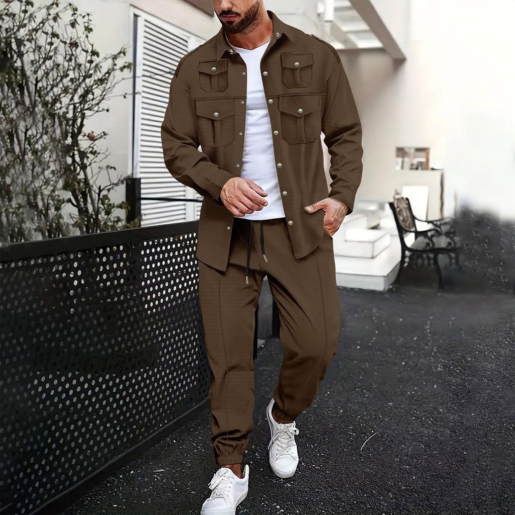Men's Long Sleeved Work Shirt With Multiple Pockets And Trousers  Casual Two Piece Suit  Casual And Versatile