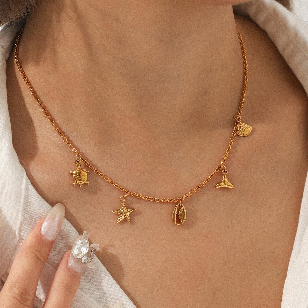 Ocean Themed Necklace DIY Pendant Set With Starfish Shell Turtle Fish Tail Charms Titanium Steel Collar Chain