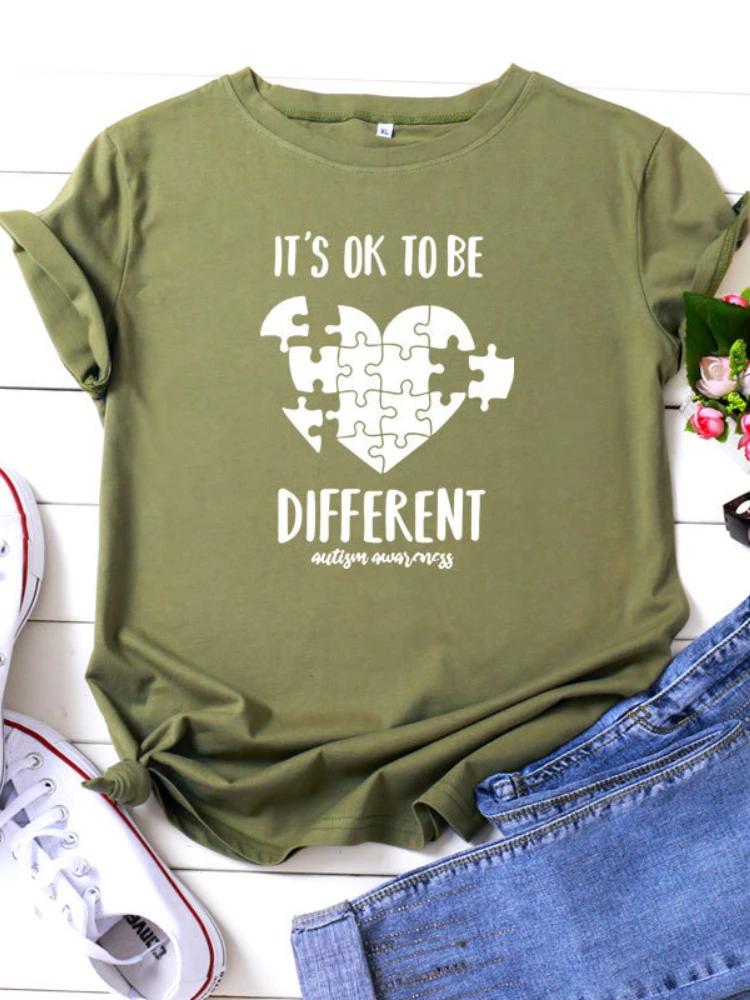Be Different Jigsaw Heart Print Women T Shirt Short Sleeve O Neck Loose Women Tshirt Ladies Tee Shirt Tops Camisetas Mujer