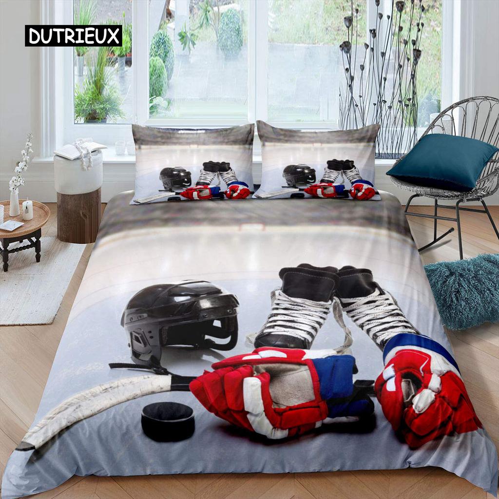 Ice Hockey Duvet Cover Set Boys Puck King Size Sports Games Theme Bedding Set for Kids Youth Adult Men Winter Match Quilt Cover