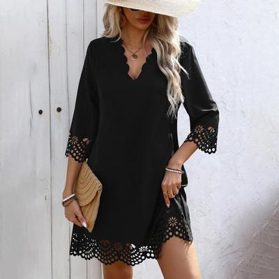 Spring Summer Women Solid Color Lace Collar Dresses Loose Waist Middle Long Petal Sleeve Dress S-XL