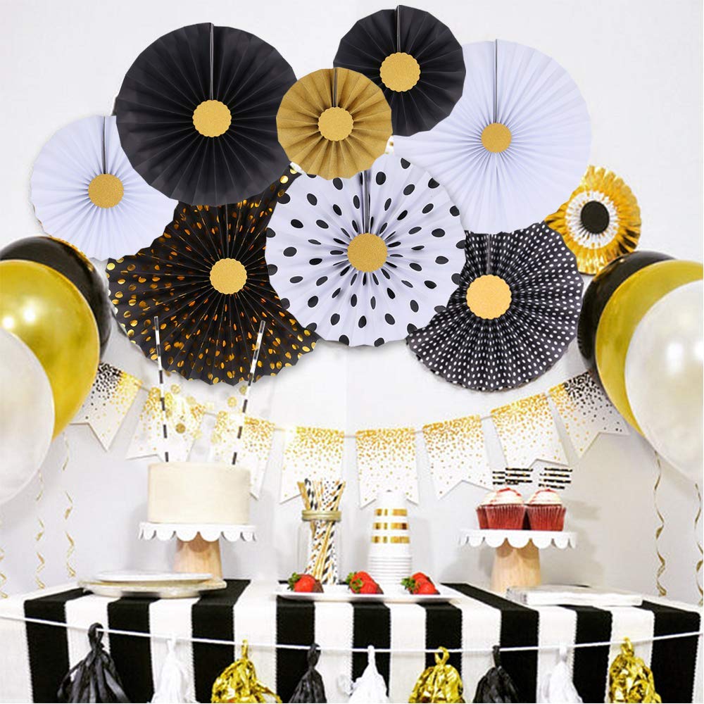 Set of 8 Paper Fans, Perfect for Weddings, Receptions, Birthdays, Party Fans, Halloween, Christmas, and Celebrations (Black and White Set)