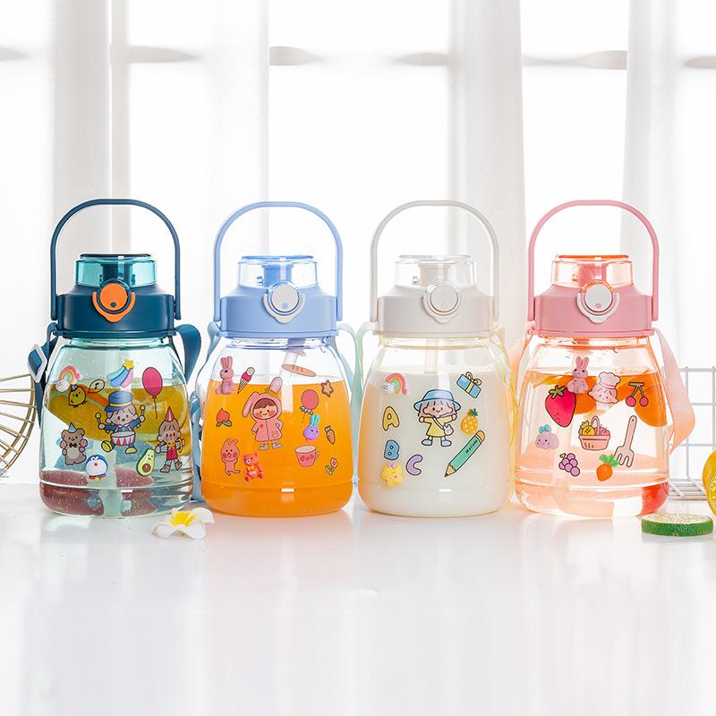 Water Bottleins Large Capacity Plastic Cup with Lifting Rope Crossbody Straw Cup Transparent Bounce Cover Big Belly Cup