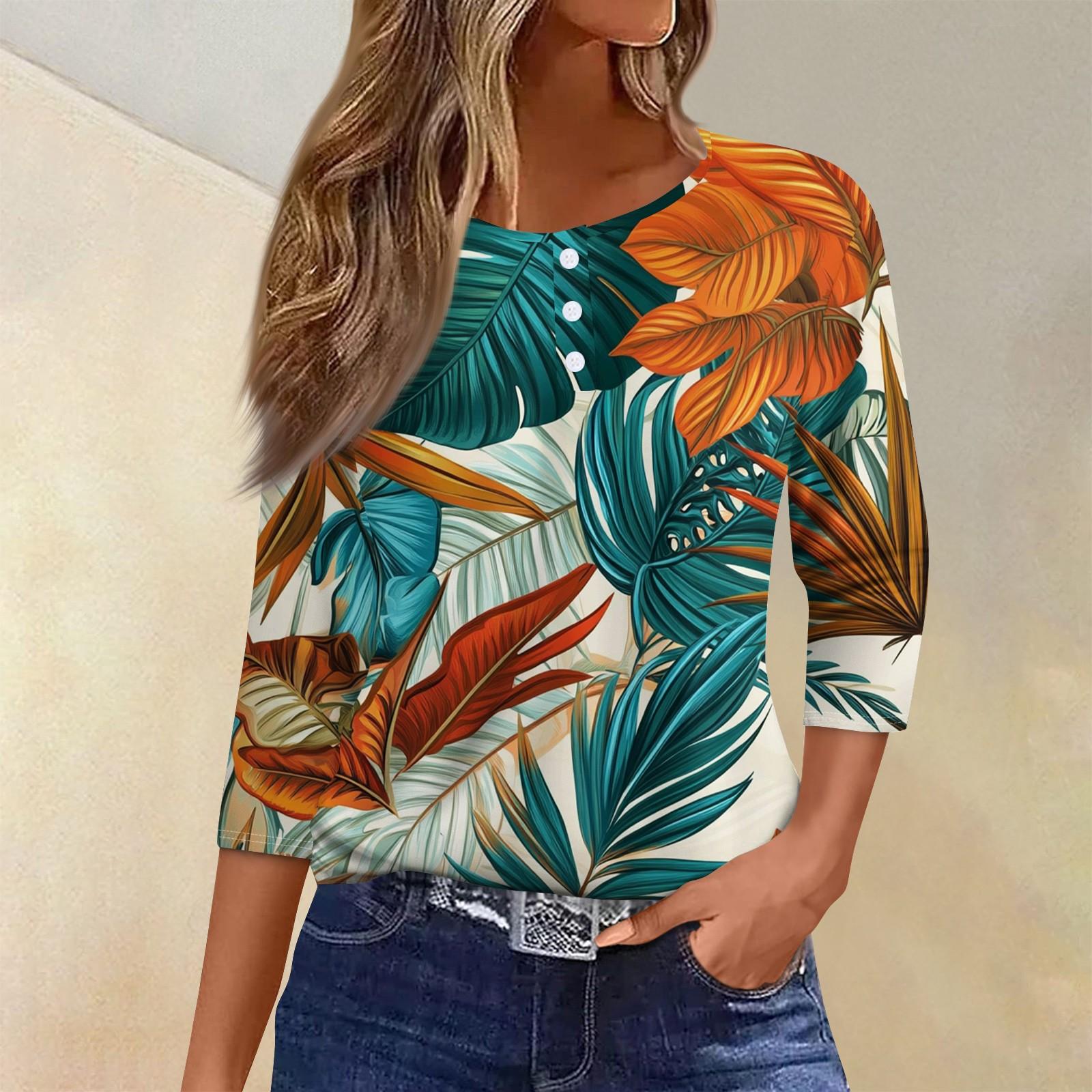 

Жен. Футболка Футболка С принтом Пуговицы Рукав 3/4Ежедневно Выходные Мода Классический Топ с v-образным вырезом Обычный L циан