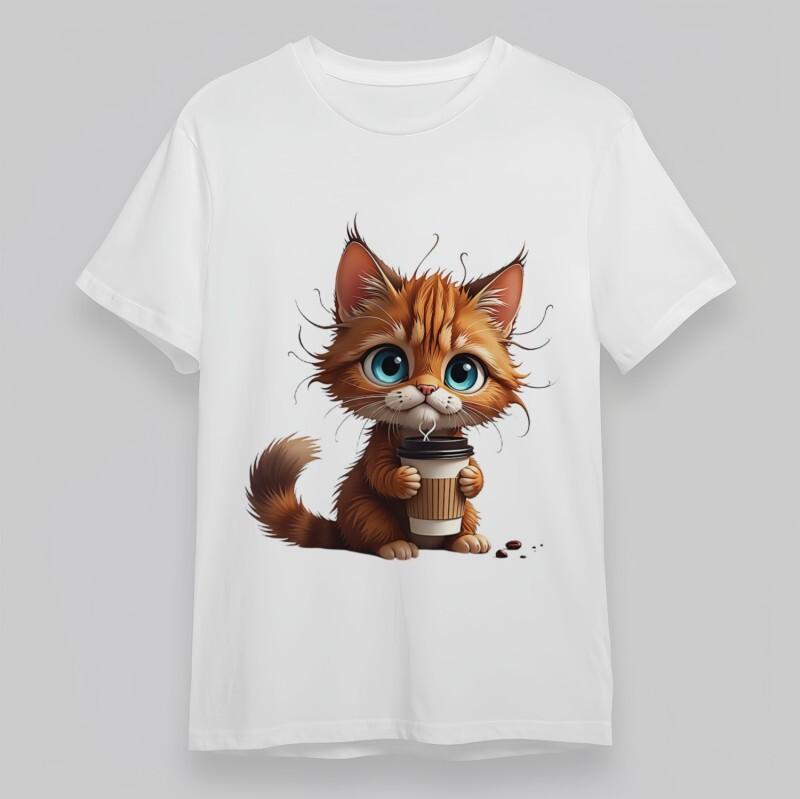 

Women s Comfy Classic T-Shirt Reddish Cat Holding Coffee Mug Art Oversize Tee S