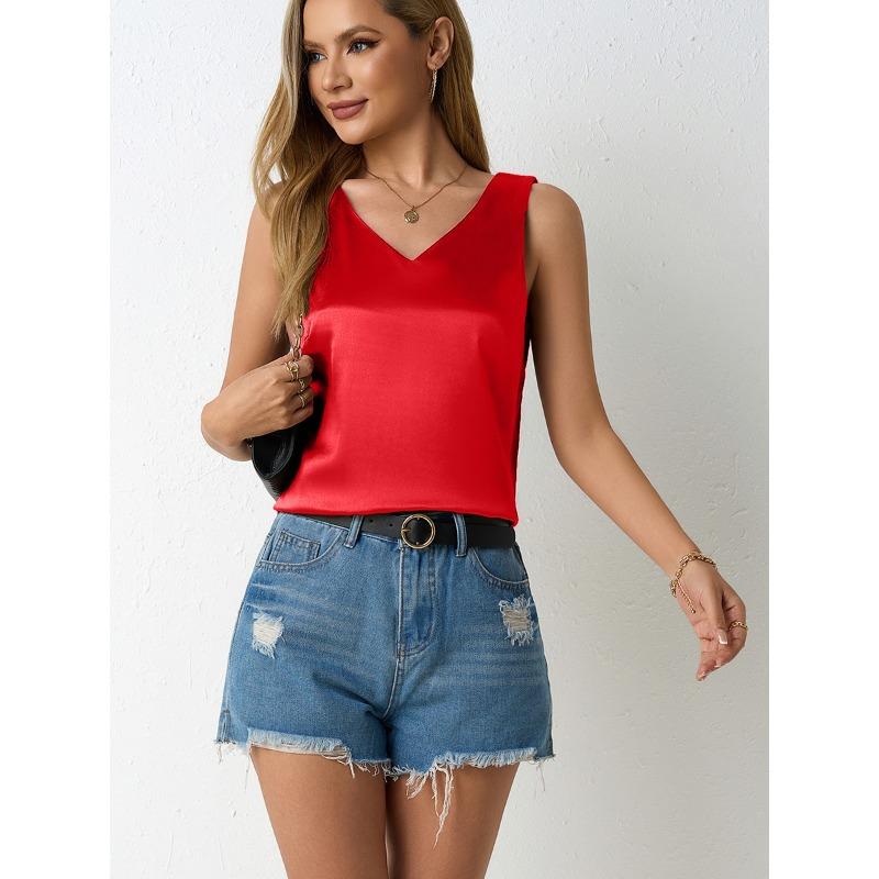 

Женский атласный жилет весна-лето с V-образным вырезом, повседневный жилет с халтером, рубашка без рукавов L красный