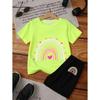 Summer Children's Fun Rainbow Graphic T-Shirt Set Crew Neck Short Sleeves + Elastic Waist Shorts 2PCS Set Casual Girls Clothing