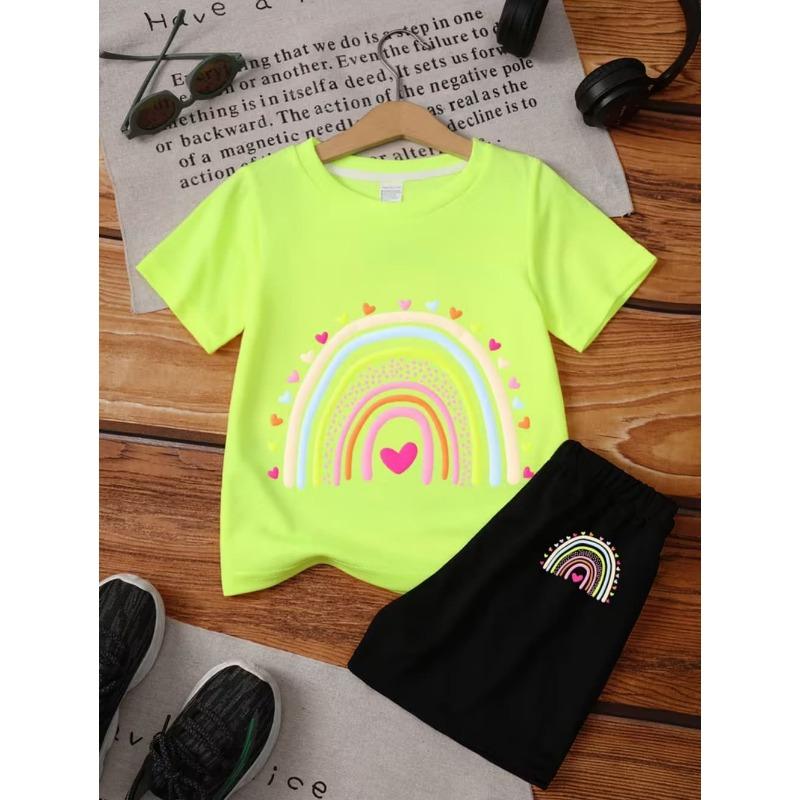 Summer Children's Fun Rainbow Graphic T-Shirt Set Crew Neck Short Sleeves + Elastic Waist Shorts 2PCS Set Casual Girls Clothing