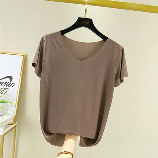 

Новый летний купальник из двух частей Ice Silk: Топ с V-образным вырезом, короткими рукавами и драпированные повседневные широкие брюки single short sleeve, XXL кофейный