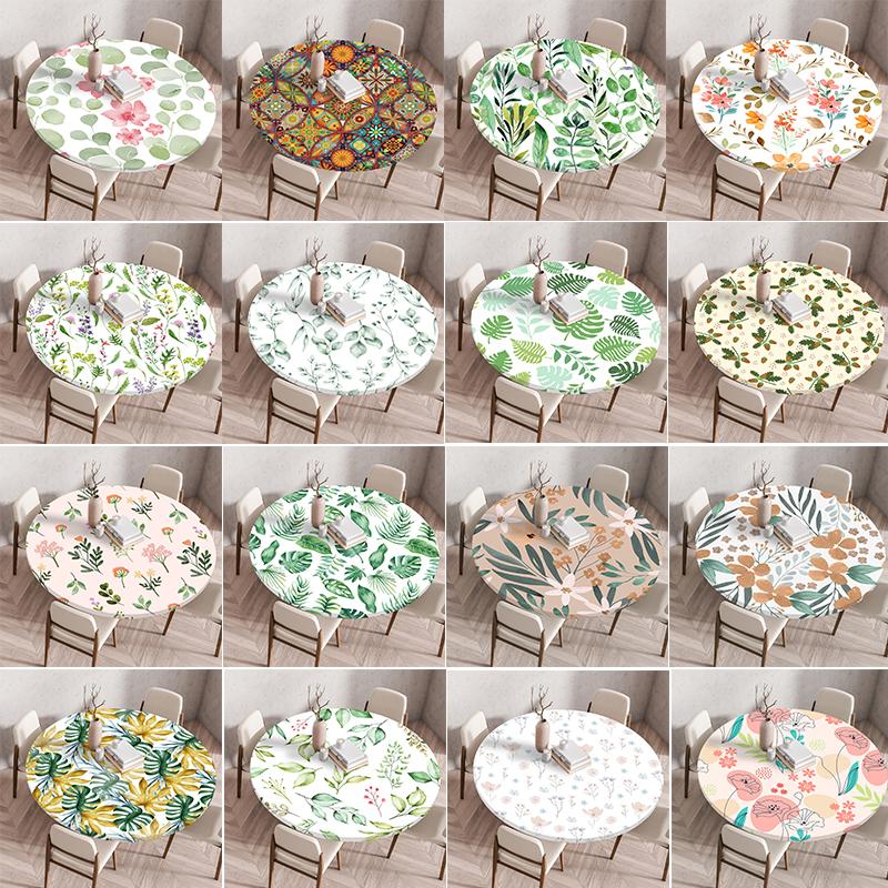 Round Table Cover Protector Elastic –Floral Print Fitted Tablecloth Waterproof,Elastic Edge Round Table Cloth for Dining Kitchen