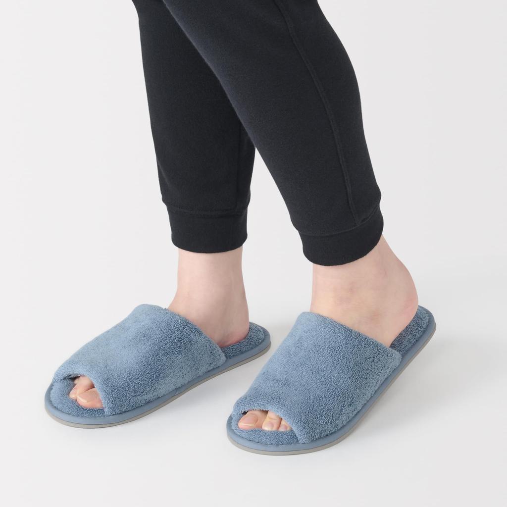 MUJI Washable Cotton Terry Open Size M 76410287 Slippers, Toe, (22.5-25cm), Blue,