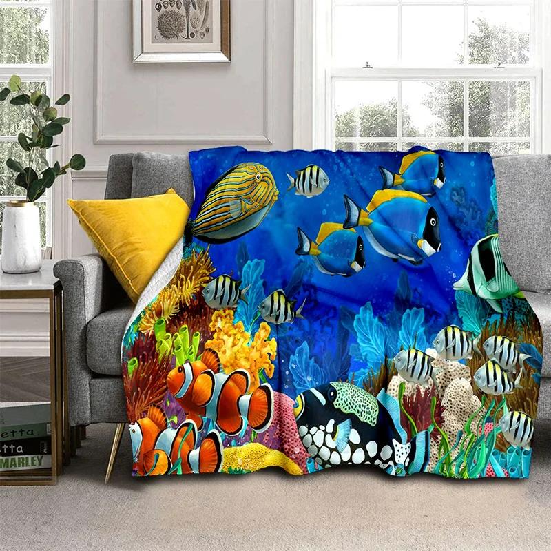 3D Underwater World Seabed Cartoon Blanket,Soft Throw Blanket for Home Bedroom Bed Sofa Picnic Travel Office Cover Blanket Kids