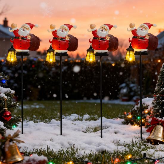 Solar Christmas Lawn Light Outdoor Lighted Santa Claus Garden Stake Metal Snowman Sign with Solar Lantern Waterproof Xmas Decor for Front Yard