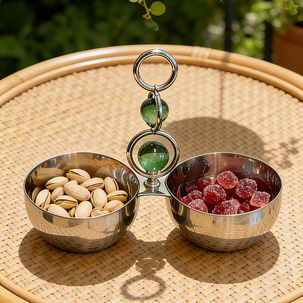 Ramadan Arabic Style Cluster of Serving Bowls Metal Chocolate Food Serving Bowl with Green Beads Design Stainless Steel Material
