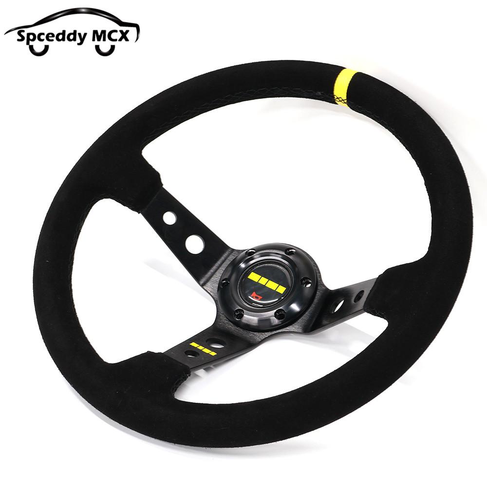 14inch 350mm Deep Dish Racing Steering Wheel Suede Leather Drift JDM Racing Yellow Ring Black Line 2408MO125