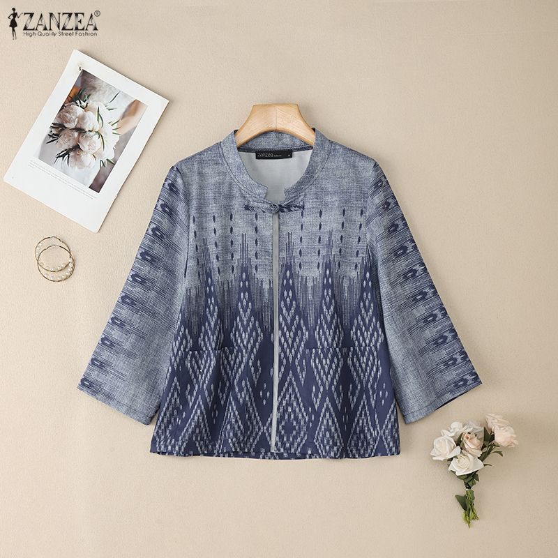 ZANZEA Women Ethnic Print Casual Stand Collar 3/4 Sleeve Cardigan Blouse