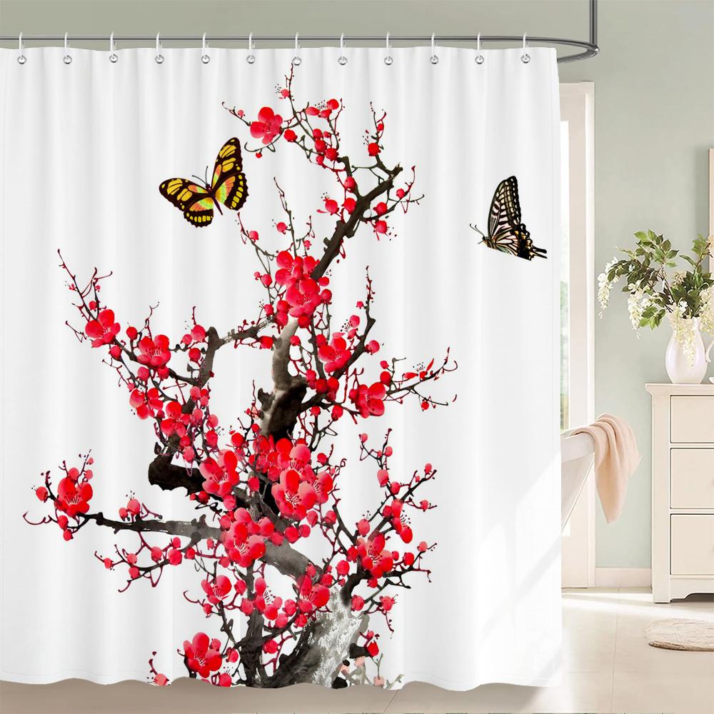 Plum Blossom Flower Leaves Shower Curtain Watercolor Plant Floral Pattern Waterproof Polyester Bathroom Curtain Decor With Hooks