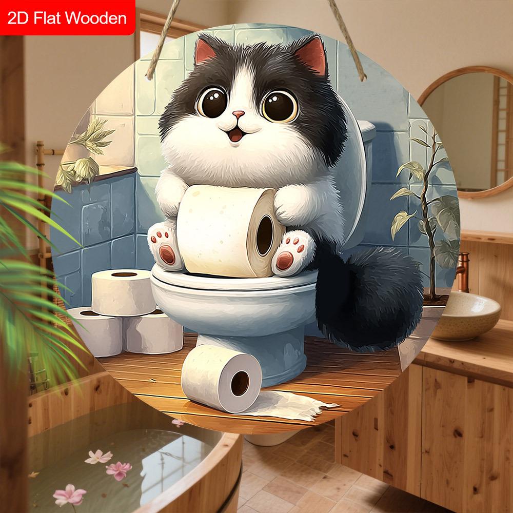 Drewniany Znak Łazienkowy ze Wzorem Kreskówkowego Kota - Unikalne Ozdoby Figurkowe - Idealny na Drzwi Łazienki, Dekoracja Ścienna