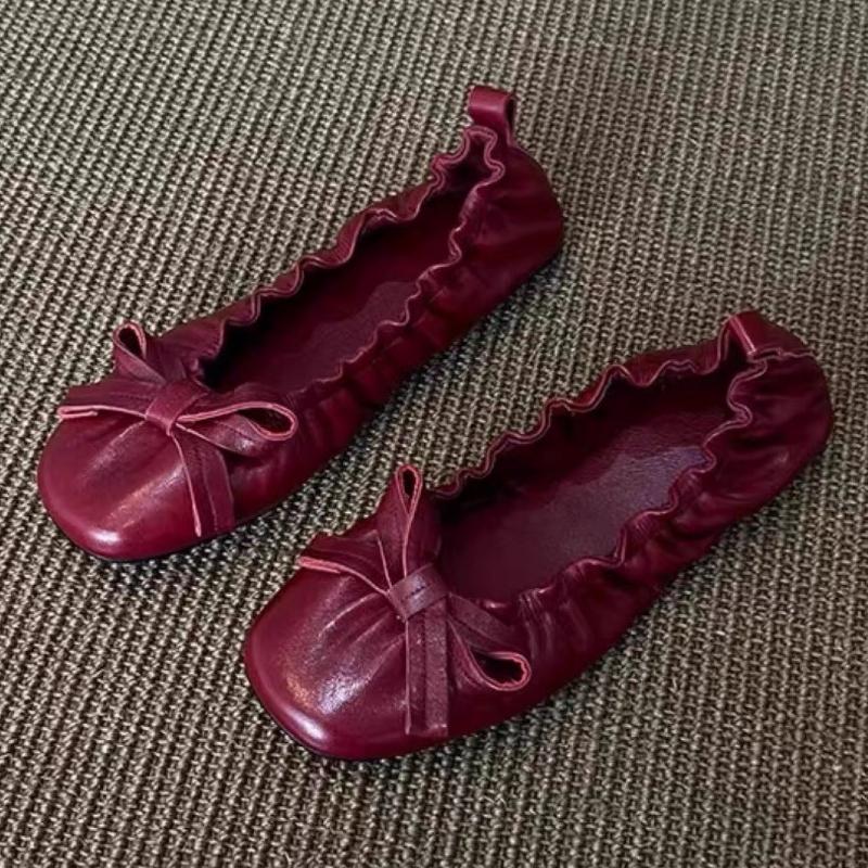Fashion Red Bow Pleated Design Brand Ballet Flat Shoes Women Retro Round Toe Shallow Mary Jane Shoes Comfortable Moccasin Casual Shoes