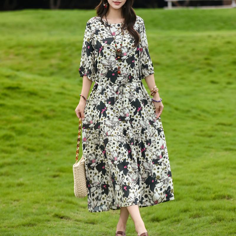 Women's Floral Print Maxi Dress, Tie Waist 3/4 Sleeve Casual Summer Dress (XL-5XL)