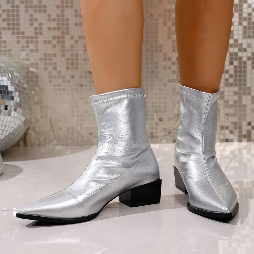 Fashion Women's Square Heel Boots Autumn and Winter 2025 French Pointy Rain Boots Solid Color Retro High-heeled Booties Zapatos Mujer