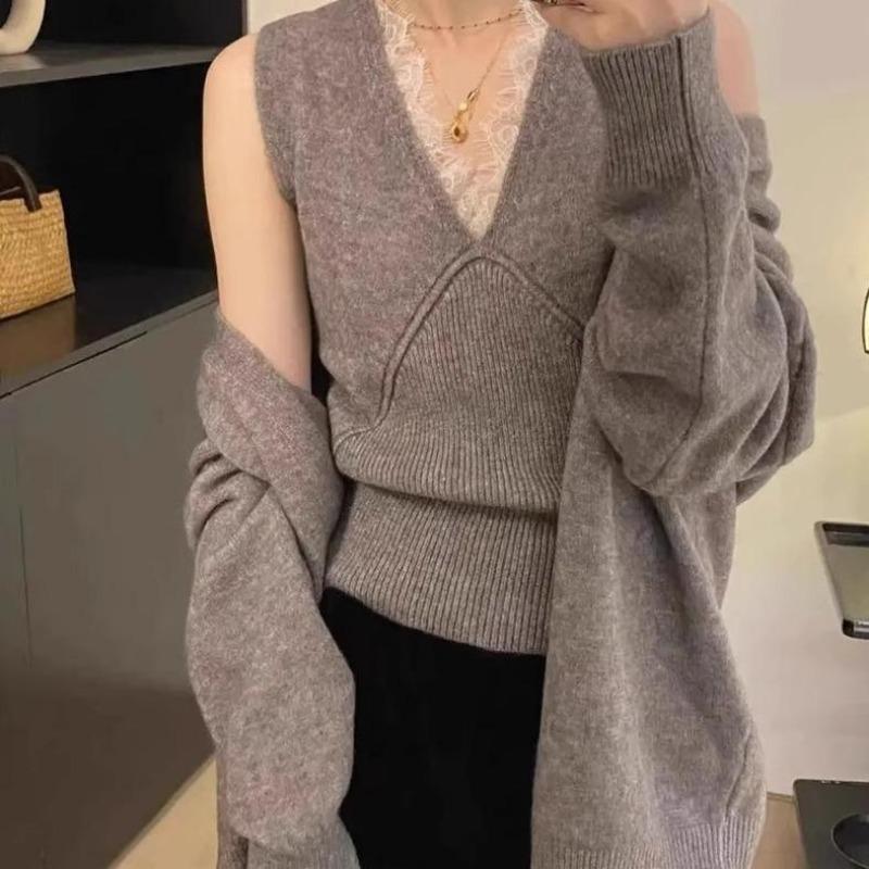 Soft Waxy Lazy Wind Knitted Cardigan Vest Two-piece Set Women's Solid Color Sweater Jacket Autumn and Winter New Set Women