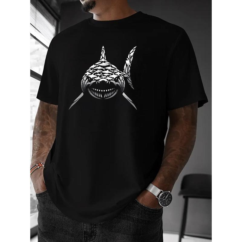 

European sizes Shark Print Trendy Graffiti Letter Print Short Sleeve Summer Regular T-Shirt For Men Crew Neck Tee Top 2XL чорний