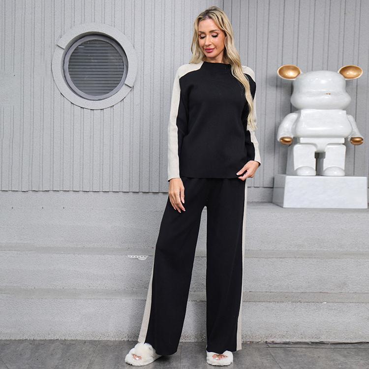 Conjunto de dos piezas de suéter de punto casual para mujer de otoño invierno, tops de manga larga tipo jersey y pantalón de pierna ancha, chándal