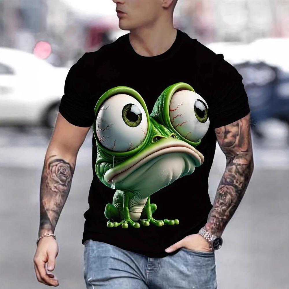 Herr T-shirt med 3D-tryck, kortärmad, rundhalsad, tröja, avslappnad topp