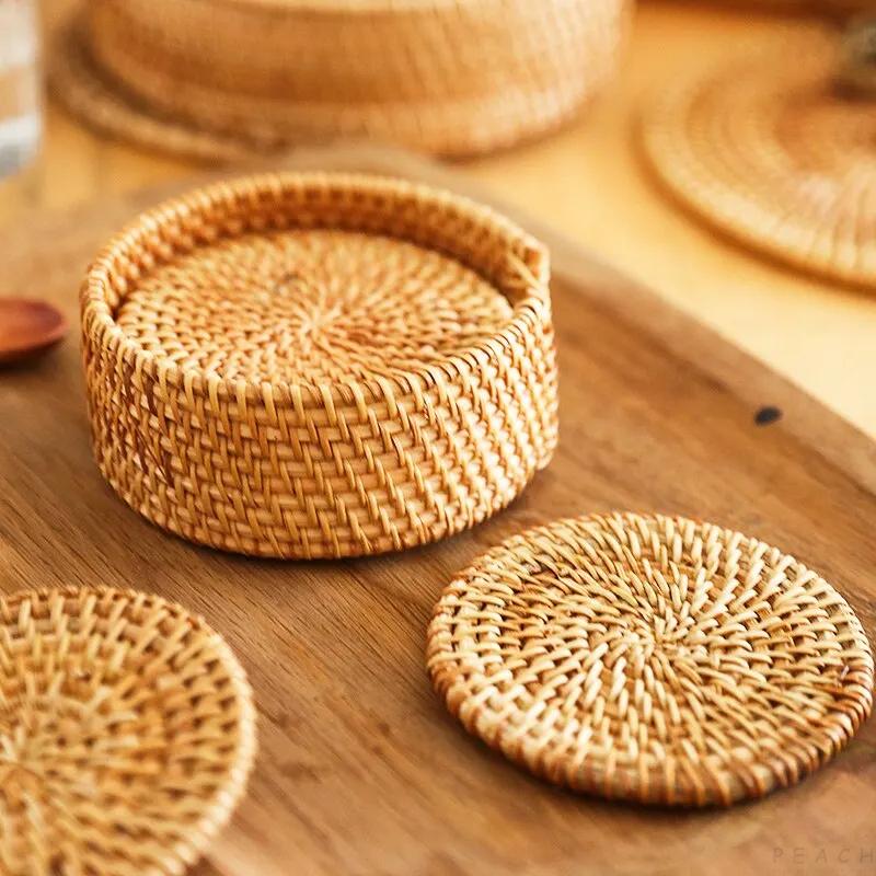 6 stk. drikkebrikker sett for kungfu-tetilbehør rundt servise bordbrikker tallerkenmatte rottingvevd koppmatte diameter 8 cm