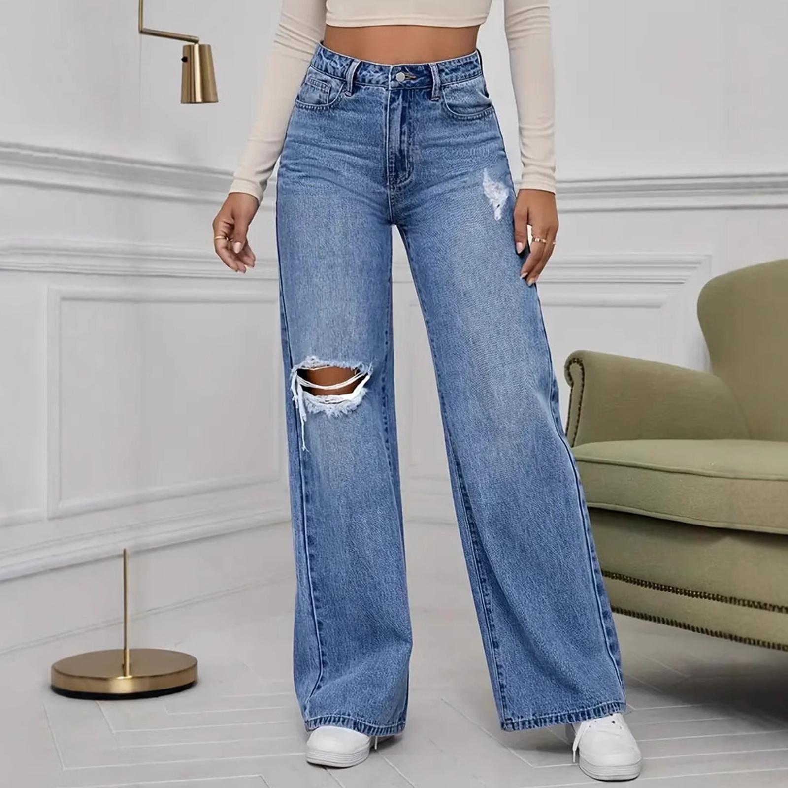 

Women s Mid-Rise Stretch Jeans Fashion Straight Leg Denim Pants With Pockets M синий