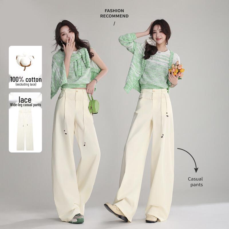 Women s High-Waisted Lace-Trim Wide-Leg Cotton Pants XL