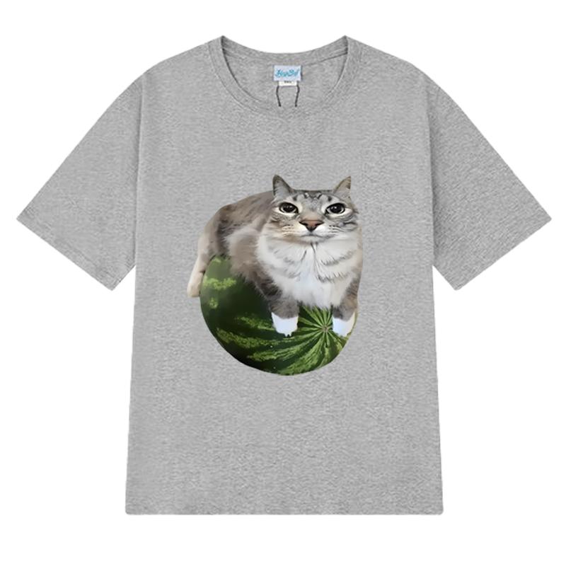 Funny Watermelon Cat Silly Cat Meme Printed T Shirt 2025 New Men Women Oversized Short Sleeve T-shirts Unisex 100% Cotton Tops
