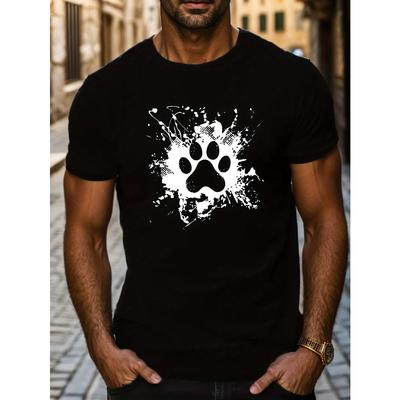 European Sizes Men's Short Sleeve T-Shirt with Ink Dog Paw Print - Summer Casual Round Neck Top, Pet Lover Apparel, Machine Washable Regular Fit