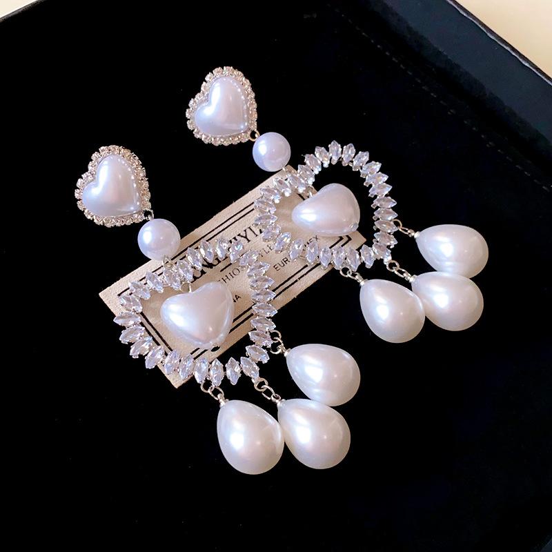Zircon Inlaid Zircon Pearl Earrings for Women Fashionable Heart Drop Earring Personalized High-end Luxury Designer Zircon