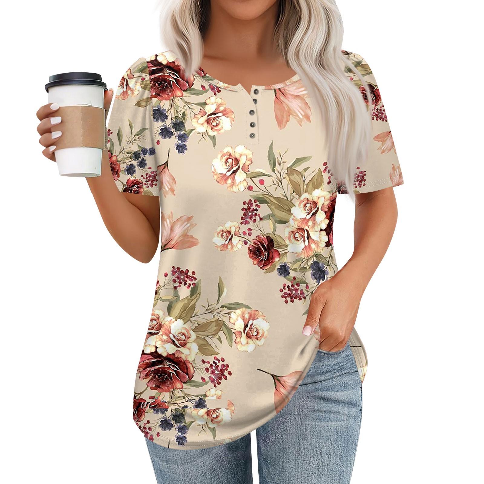 

Женский модный повседневный короткий рукав пуловер с цветочным принтом и круглым вырезом на пуговицах XL красный