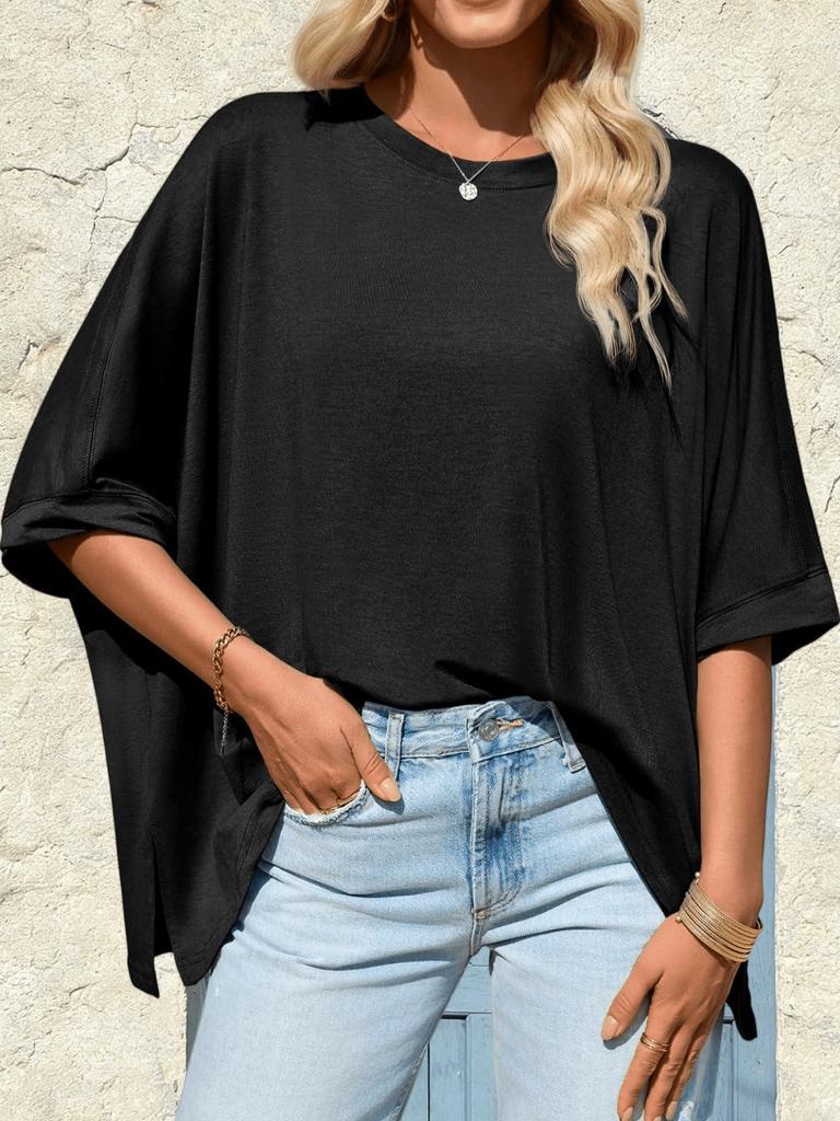 Womens Oversized Batwing T Shirt Short Sleeve Asymmetric Hem Tunic Top