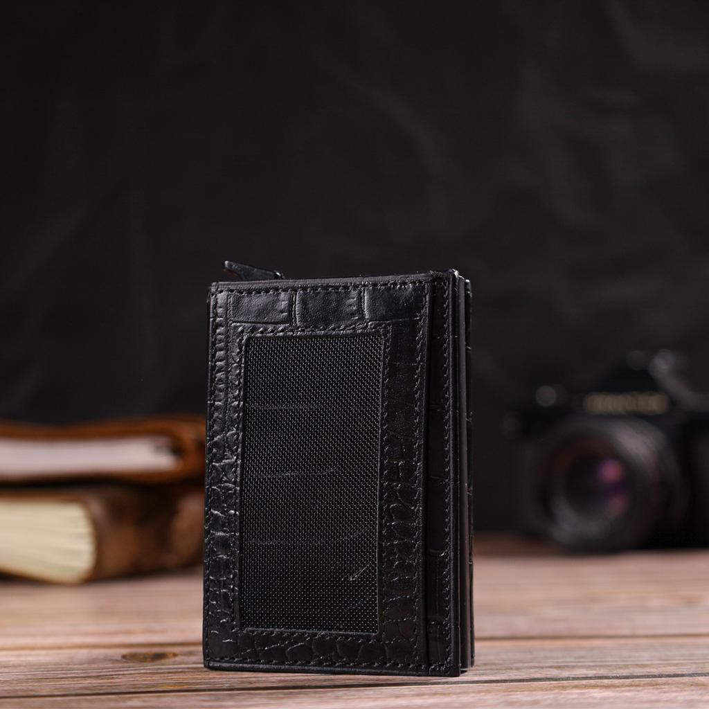 Unisex Tri-fold Automatic Cardholder Made of Genuine Leather with Crocodile Effect CANPELLINI 21930 Black