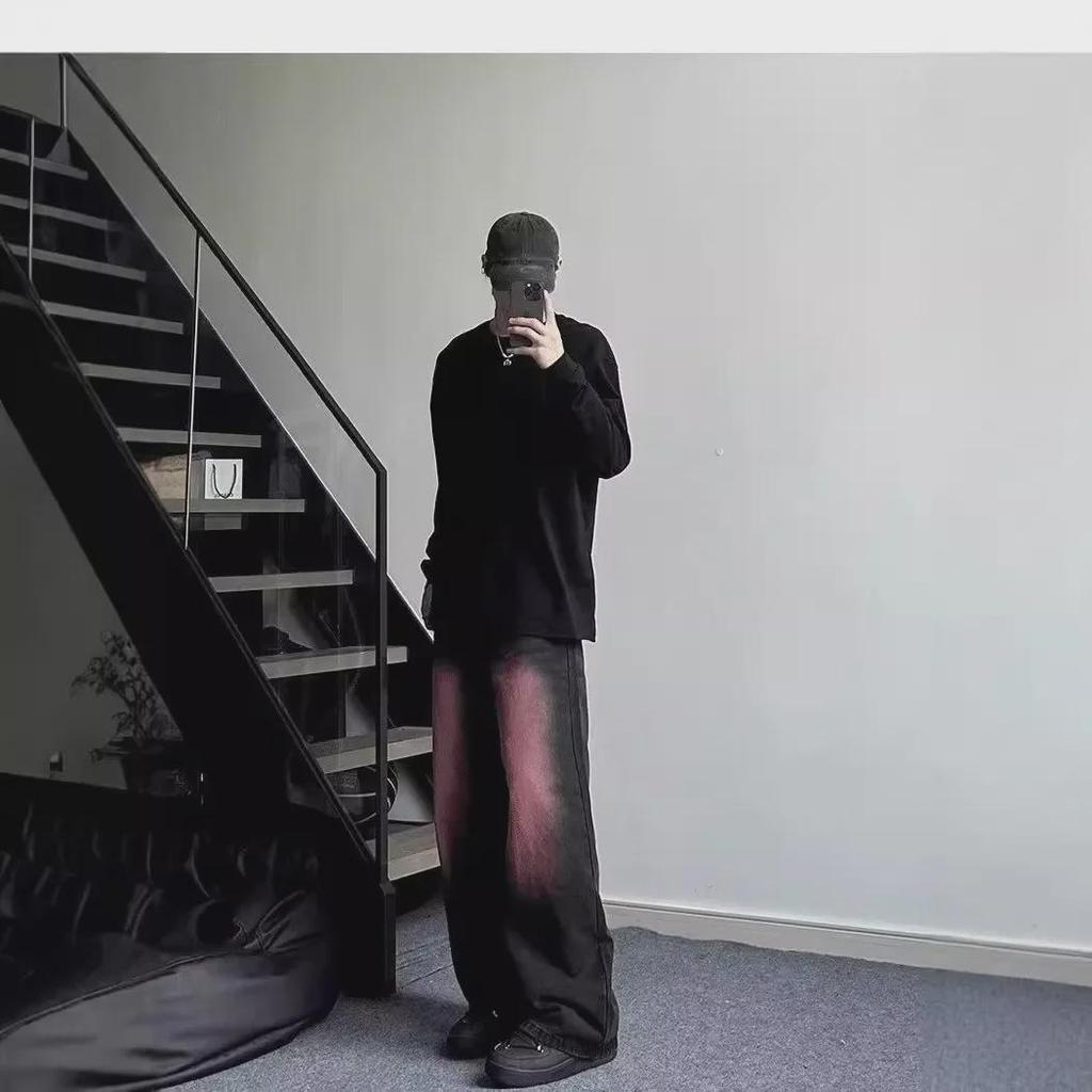 Men's Black & Pink Gradient Flared Jeans – Loose, Handsome, Comfortable High Street American Hip-Hop Style.