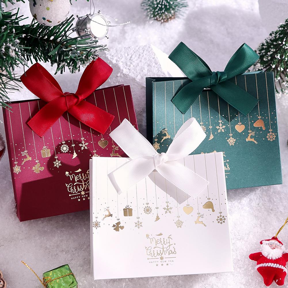 10PCS Christmas Gift Paper Bags For Candy Cookie Nougat Packaging Christmas Candy Box With Handles Holiday Party Decorations