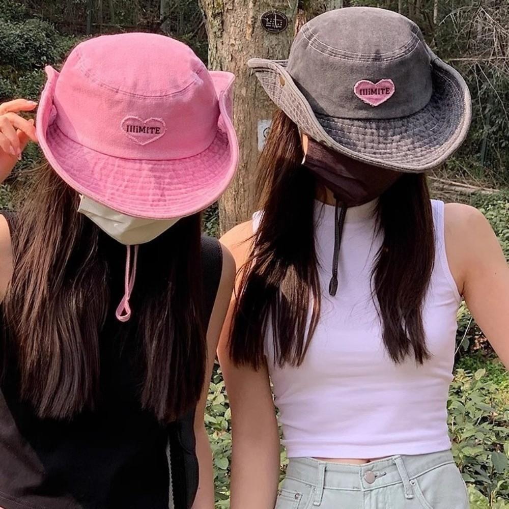 Sweet Solid Color Western Cowboy Hat Pink Love Sun Protection Wide Brim Sun Hat Bucket Cap Adjustable Y2k Fisherman Hat Women