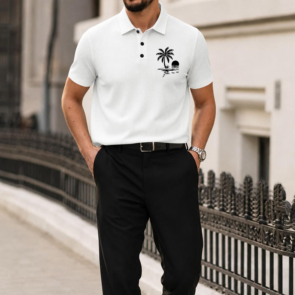 Men Short Sleeve Polo Shirt with Turn Down Collar and Printed Pattern Lightweight Breathable Casual Summer Top